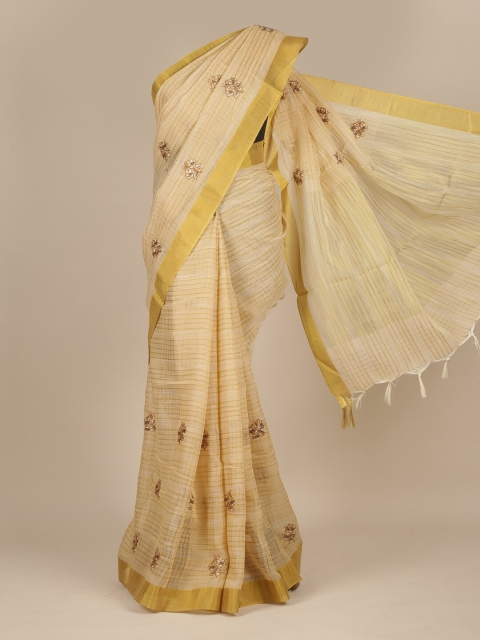 

Pothys Beige & Gold-Toned Floral Embroidered Pure Cotton Saree