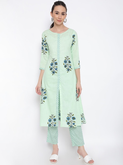 

MARC LOUIS Women Green Floral Printed Pure Cotton Kurta Set