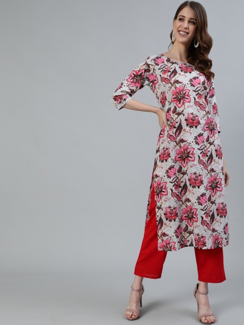 

AASI - HOUSE OF NAYO Women Off White & Pink Floral Printed Kurta