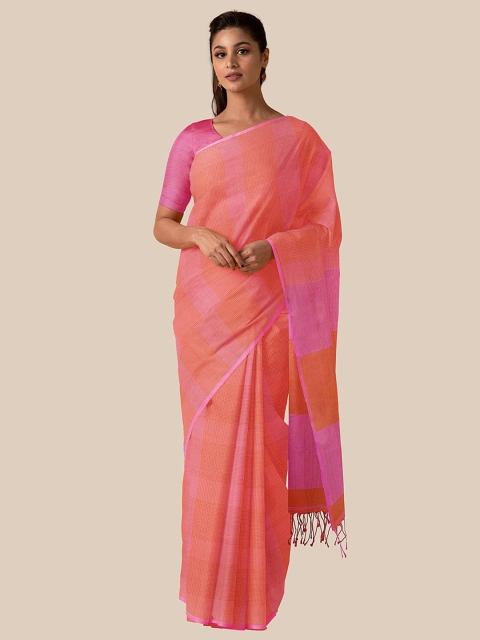 

Taneira Peach & Pink Checked Pure Cotton Taant Saree