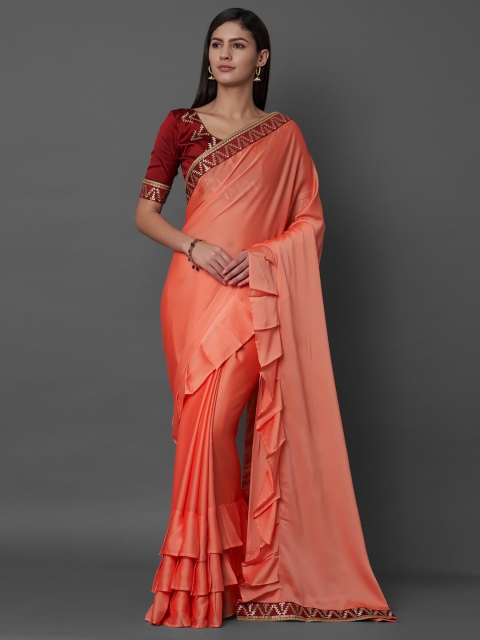 

Mitera Orange & Maroon Gotta Patti Silk Blend Ruffled Saree