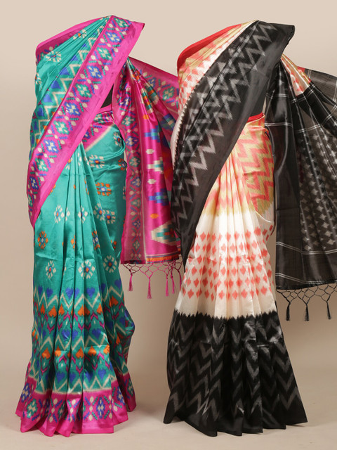 

Pothys Pack Of 2 Green & White Jute Silk Saree