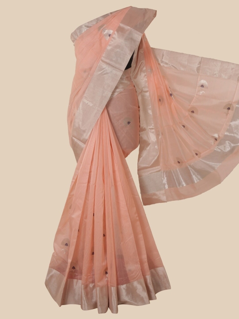 

Pothys Peach Ethnic Motifs Zari Pure Silk Maheshwari Saree