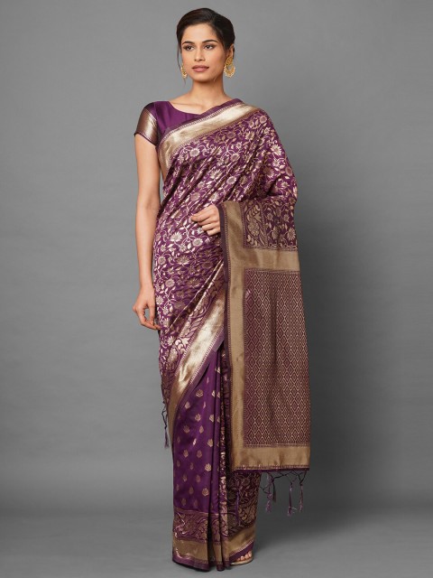 

Mitera Burgundy & Gold-Toned Floral Zari Silk Blend Banarasi Saree