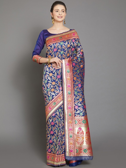 

Mitera Navy Blue & Red Woven Design Zari Silk Blend Banarasi Saree