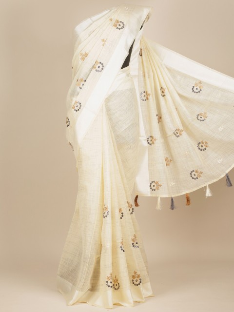 

Pothys Cream-Coloured& Grey Mirror Work Pure Cotton Saree