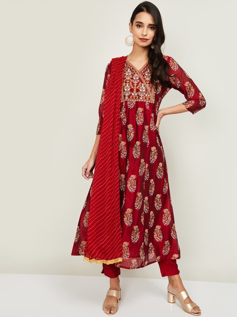 

Melange by Lifestyle Women Maroon Ethnic Motifs Embroidered Panelled Kurti with Trousers & With Dupatta