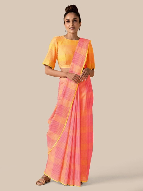 

Taneira Pink & Yellow Checked Pure Cotton Taant Saree