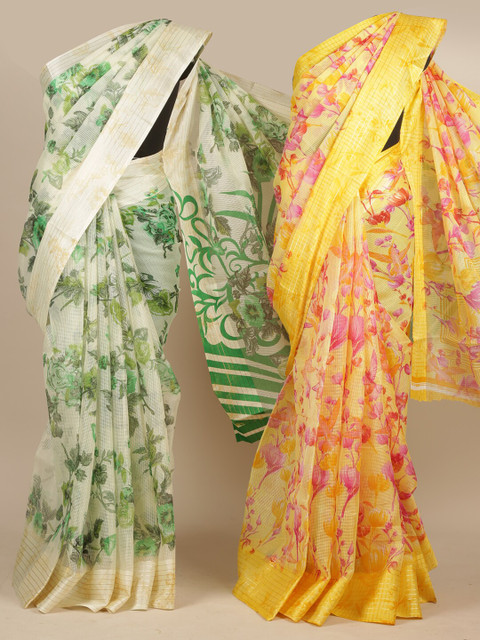 

Pothys Pack of 2 Cream & Green Floral Zari Jute Silk Saree