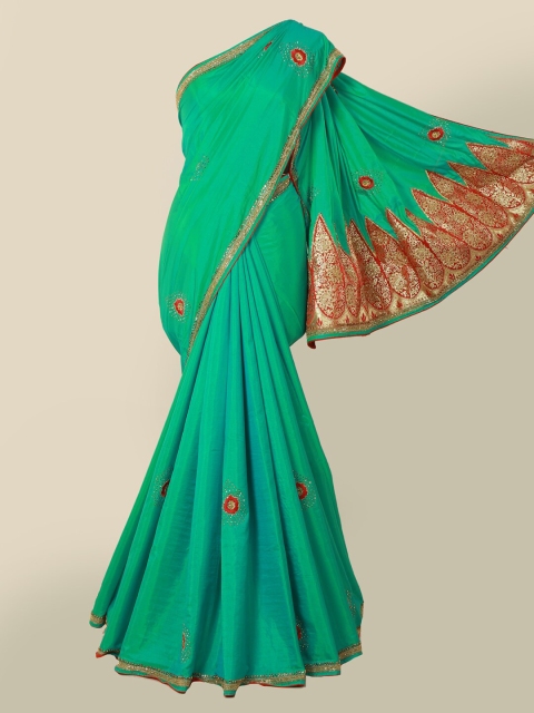

Pothys Green & Red Embellished Beads and Stones Art Silk Saree