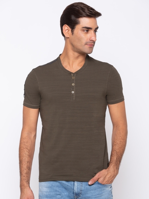 

SPYKAR Men Olive Green Henley Neck Slim Fit T-shirt
