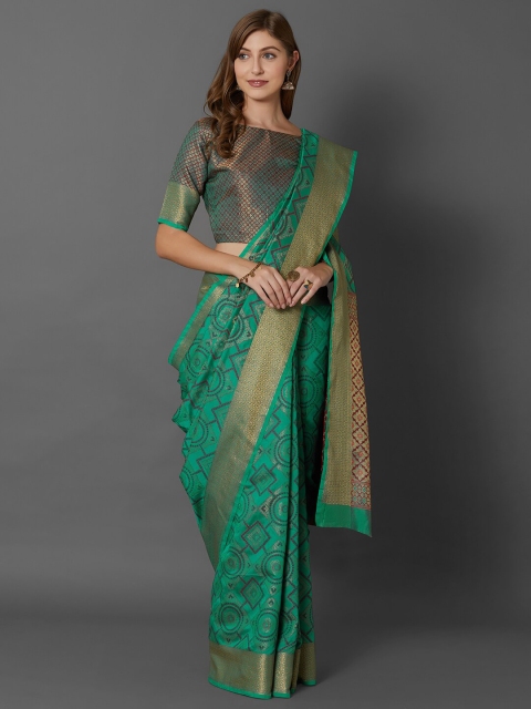

Mitera Green & Rust Woven Design Silk Blend Banarasi Saree
