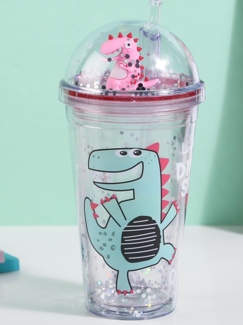 

Bigsmall Transparent with Green Dinosaur Printed Sparkle Sipper Bottle With Straw