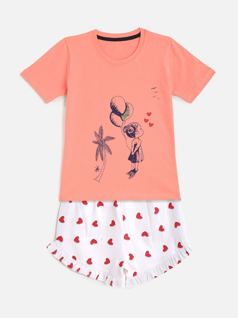 

KIDSCRAFT Girls Peach & White Printed T-shirt with Shorts