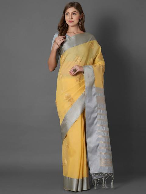 

Mitera Yellow & Silver-Toned Ethnic Motifs Zari Linen Blend Saree