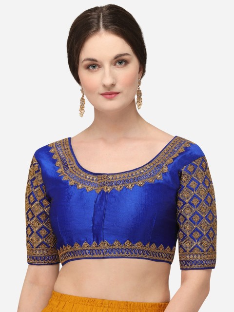 

Fab Dadu Women Blue & Gold-Colored Embroidered Silk Saree Blouse