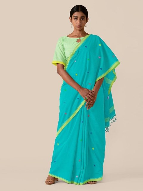 

Taneira Turquoise Blue & Green Floral Pure Cotton Taant Saree