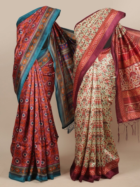

Pothys Pack Of 2 Rust & Cream-Coloured Ethnic Motifs Printed Jute Silk Saree