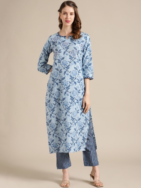 

Varanga Women Blue Floral Printed Kurta with Trousers