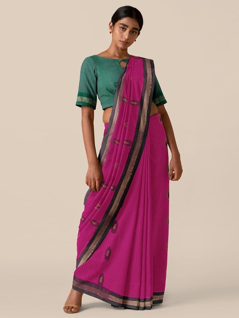 

Taneira Pink & Black Checked Zari Pure Cotton Saree