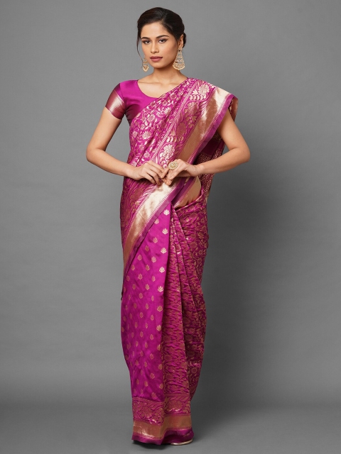 

Mitera Magenta & Gold-Toned Ethnic Motifs Zari Silk Blend Banarasi Saree