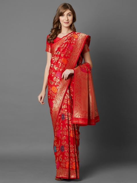 

Mitera Red & Gold-Toned Floral Zari Silk Blend Banarasi Saree