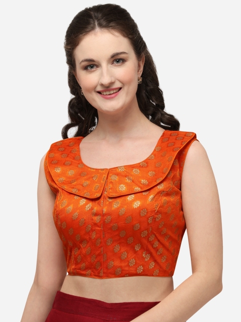 

Fab Dadu Women Orange & Gold-Coloured Woven Design Jacquard Saree Blouse