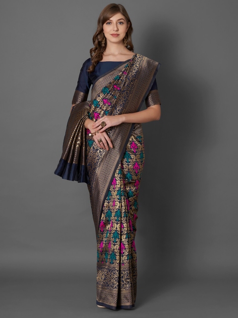 

Mitera Navy Blue & Pink Woven Design Silk Blend Saree