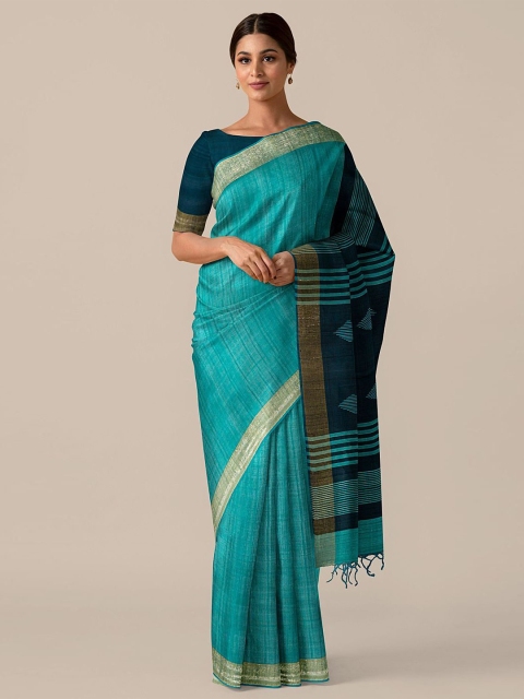 

Taneira Sea Green Striped Pure Silk Bhagalpuri Saree