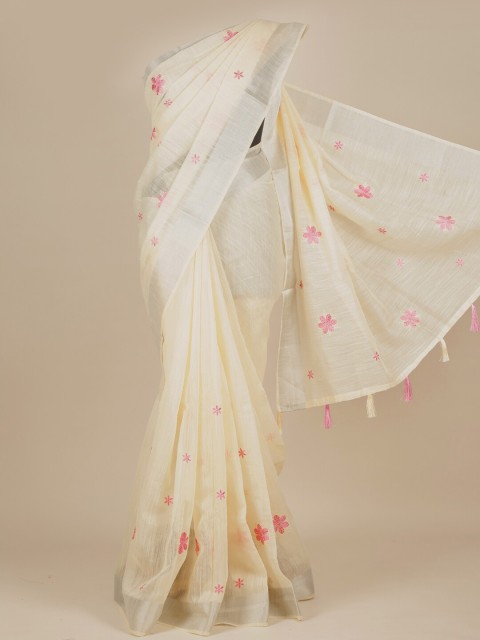 

Pothys Cream & Pink Floral Pure Cotton Saree With Tasseled Pallu