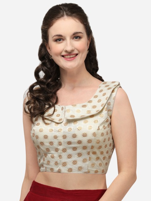 

Fab Dadu Women White & Gold Toned Woven Design Jacquard Saree Blouse