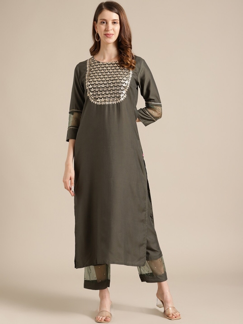 

Varanga Women Olive Ethnic Motifs Yoke Design Kurta with Trousers