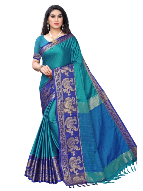 

KALINI Turquoise Blue & Sea Green Ethnic Motifs Zari Banarasi Saree
