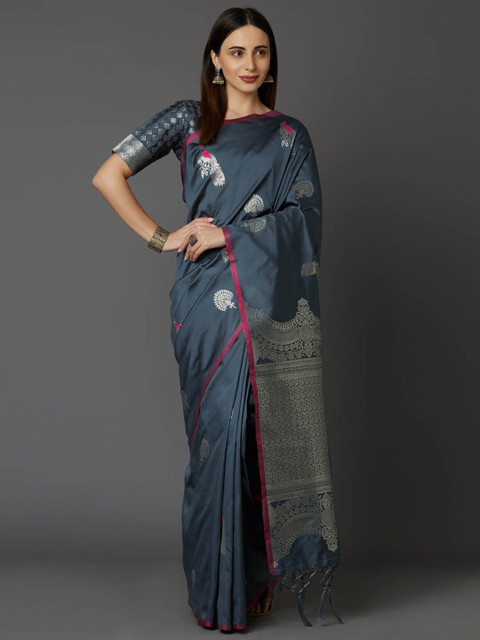 

Mitera Grey & Pink Ethnic Motifs Zari Silk Blend Saree