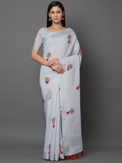 

Mitera Grey & Red Ethnic Motifs Linen Blend Saree