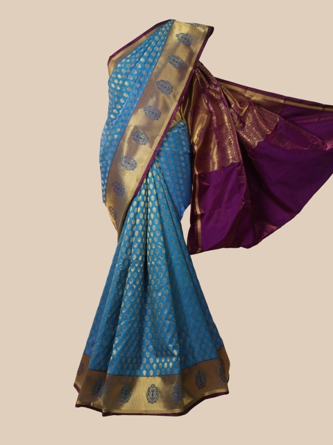 

Pothys Blue & Gold-Toned Ethnic Motifs Satin Banarasi Saree