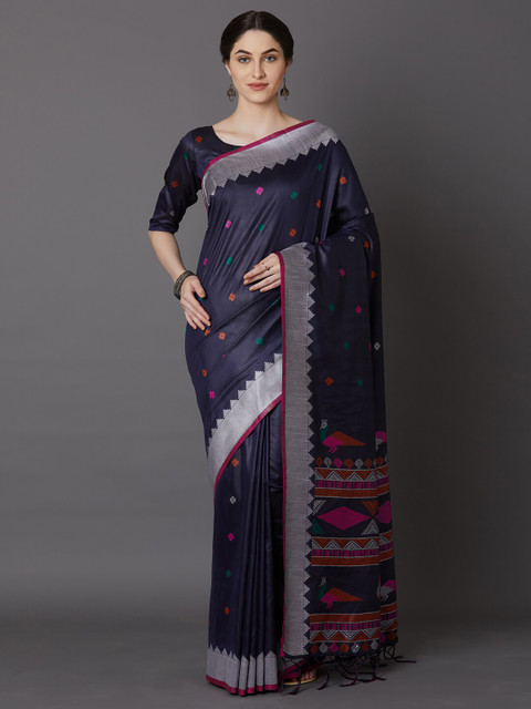 

Mitera Navy Blue & Pink Ethnic Motifs Zari Silk Cotton Saree