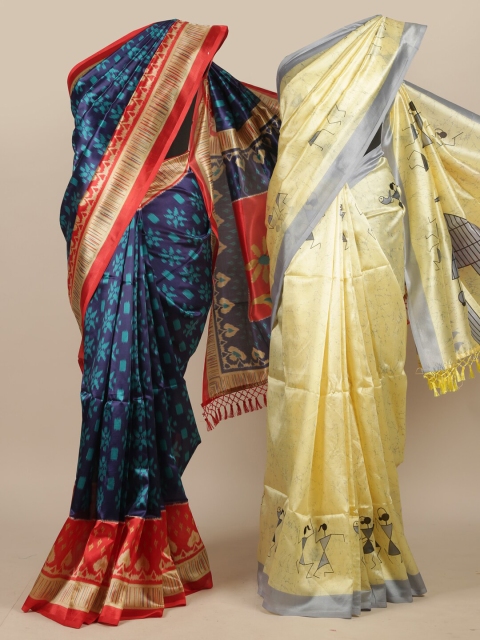 

Pothys Pack of 2 Blue & Red Printed Jute Silk Saree