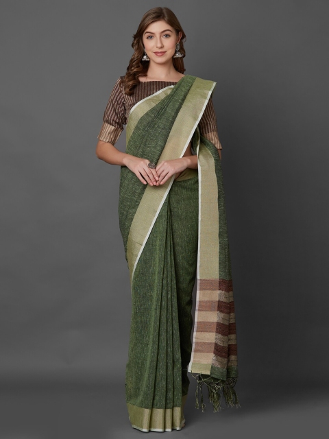 

Mitera Olive & Brown Zari Linen Blend Saree