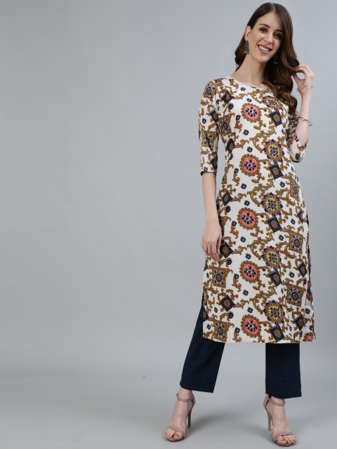 

AASI - HOUSE OF NAYO Women Off White Ethnic Motifs Printed Crepe Straight Kurta
