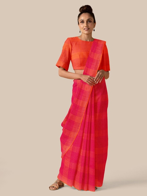 

Taneira Orange & Pink Checked Pure Cotton Taant Saree
