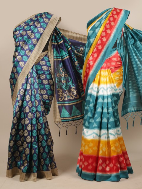 

Pothys Pack of 2 Blue & Multicoloured Printed Jute Silk Saree