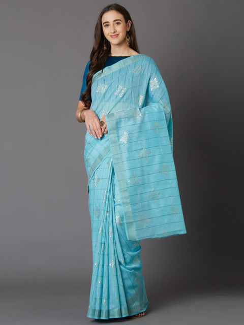 

Mitera Turquoise Blue & Silver-Toned Ethnic Motifs Saree
