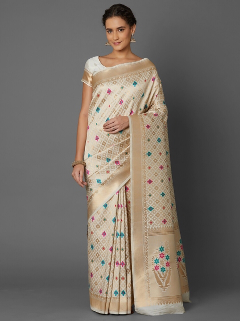 

Mitera Cream & Pink Ethnic Motifs Silk Blend Banarasi Saree