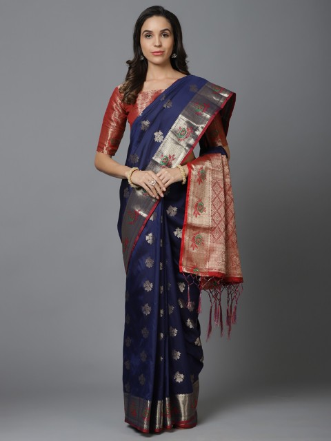 

Mitera Navy Blue & Red Woven Design Zari Silk Blend Saree
