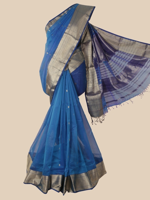 

Pothys Blue & Gold-Toned Ethnic Motifs Zari Pure Silk Maheshwari Saree