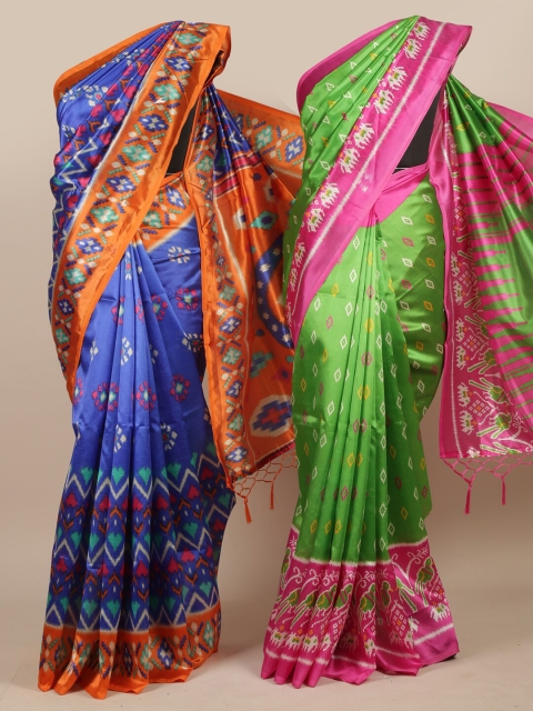 

Pothys Blue & Green Self Design Jute Silk Saree - Pack Of 2