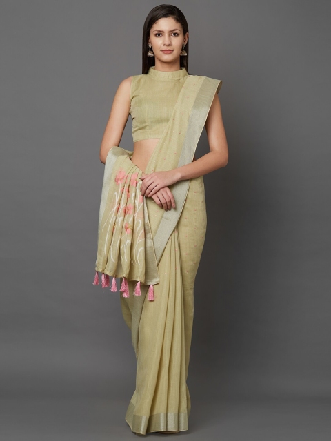 

Mitera Green & Pink Floral Embroidered Linen Blend Saree