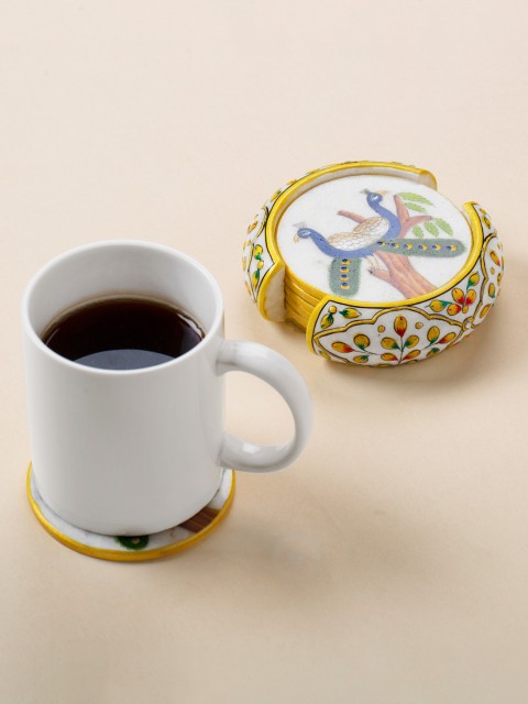 

Bigsmall Set Of 6 White & Brown Hand-Painted Marble Peacock Coasters