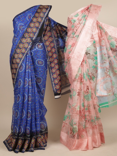 

Pothys Blue & Peach-Colour Printed Jute Silk Saree Pack of 2